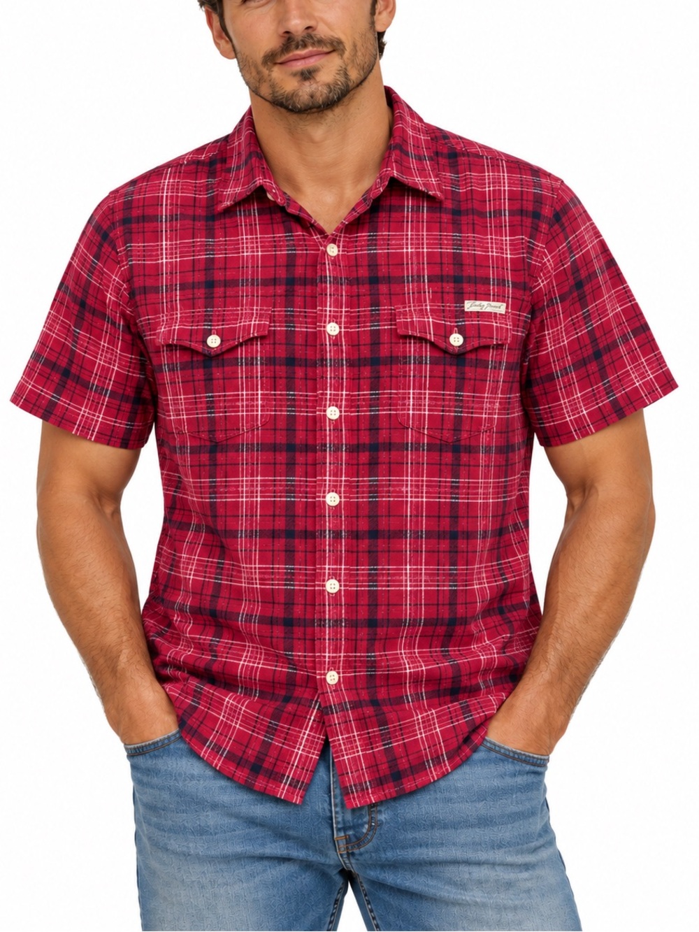 Lucky Brand Men’s Large Red Plaid Short Sleeve Button Up Shirt Western